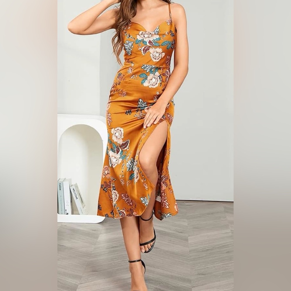 Orange Floral Satin Midi Formal Cocktail Dress with Side Slit